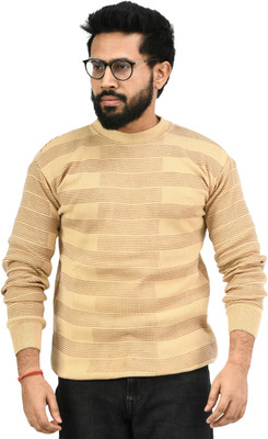 Life and style Self Design Round Neck Casual Men Beige Sweater