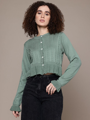 Roadster Self Design Round Neck Casual Women Green Sweater