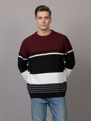 WAY TO TRENDY Striped Round Neck Casual Men Maroon Sweater