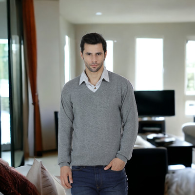 FUKUSO Solid V Neck Casual Men Grey Sweater