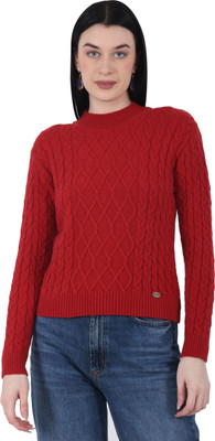 HITTIKA Self Design Round Neck Casual Women Maroon Sweater