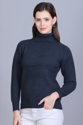 BlessIntimates Solid Round Neck Casual Women Dark Blue Sweater