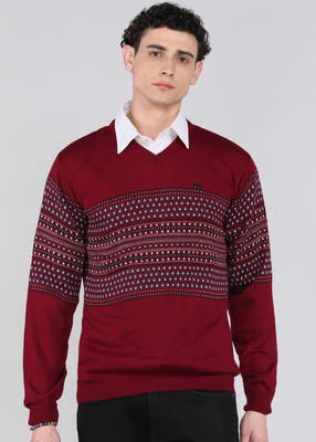 PETER ENGLAND Striped Round Neck Casual Men Red Sweater