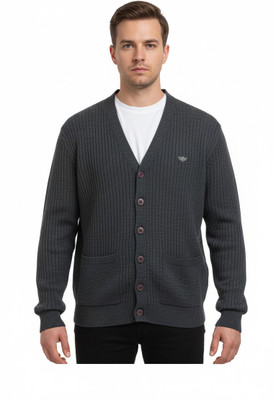 VOMAZO Solid V Neck Formal Men Grey Sweater