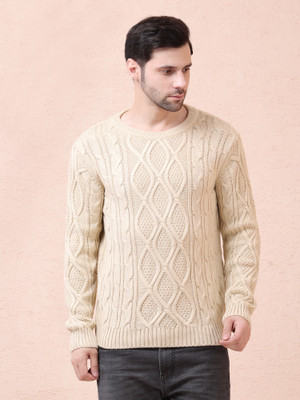 NOQUO Self Design Round Neck Casual Men Beige Sweater