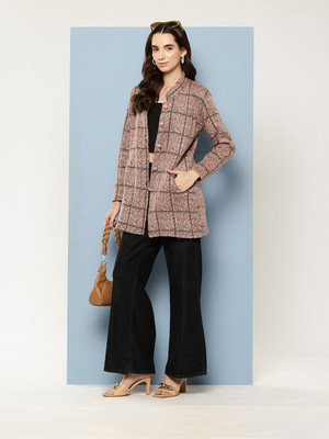 Roadster Checkered Collared Neck Casual Women Orange Sweater