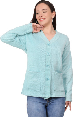 manra Solid V Neck Casual Women Blue Sweater
