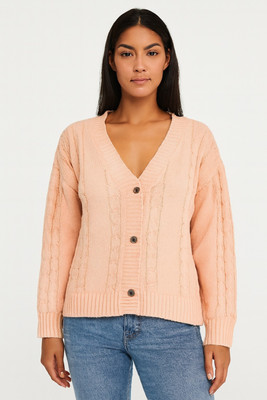 Nobarr Solid V Neck Casual Women Pink Sweater