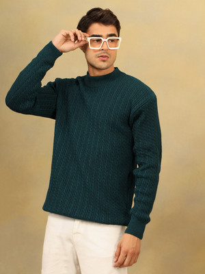 KVETOO Self Design Round Neck Casual Men Green Sweater
