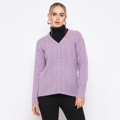MADAME Self Design V Neck Casual Women Purple Sweater