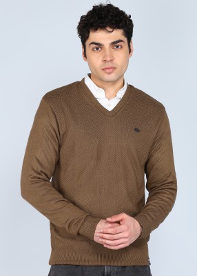 PETER ENGLAND Solid V Neck Casual Men Beige Sweater