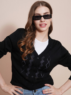 Globus Self Design V Neck Casual Women Black Sweater