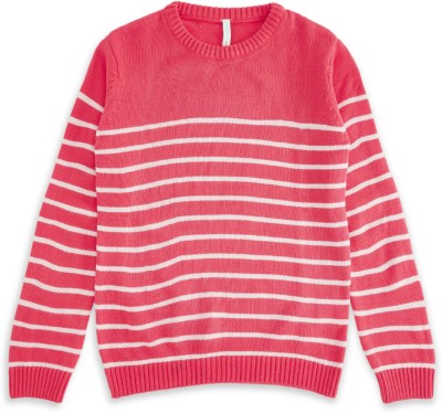 Pantaloons Junior Striped Round Neck Casual Girls Pink, White Sweater