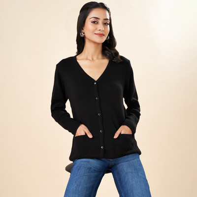 Rangmanch by Pantaloons Self Design V Neck Casual Women Black Sweater