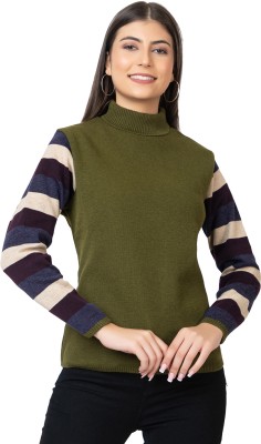 KVETOO Striped High Neck Casual Women Green Sweater