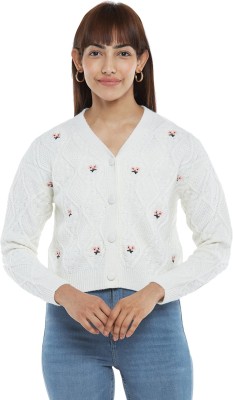 Honey By Pantaloons Embroidered V Neck Casual Women White Sweater