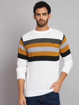 eWools Striped Round Neck Casual Men White Sweater