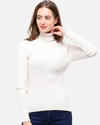 Rivaem Solid High Neck Casual Women White Sweater