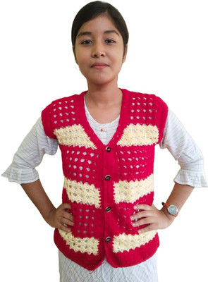 NILU CRAFT Self Design V Neck Casual Women Red Sweater