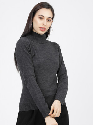 Tokyo Talkies Woven Turtle Neck Casual Women Grey Sweater