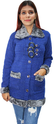 Hautemoda Self Design Collared Neck Casual Women Blue Sweater