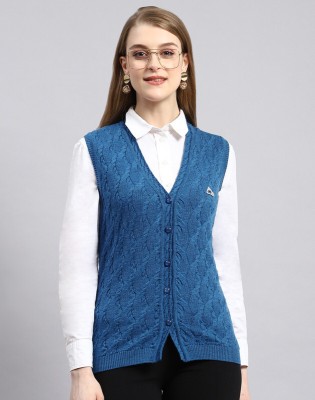 MONTE CARLO Self Design V Neck Casual Women Blue Sweater