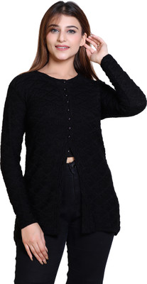 Winter knit Self Design Round Neck Casual Women Black Sweater