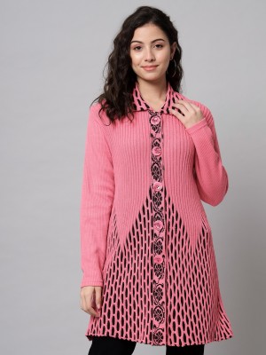 eWools Self Design Collared Neck Casual Women Pink Sweater