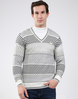 MONTE CARLO Striped V Neck Casual Men White Sweater