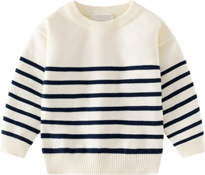 GTwo Striped Round Neck Casual Boys White Sweater