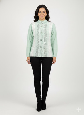 SIKKA CLUB Embroidered Collared Neck Party Women Light Green Sweater