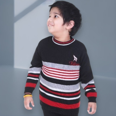GTwo Striped Round Neck Casual Boys Black Sweater