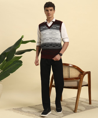 HERMISTON Colorblock V Neck Casual Men Maroon Sweater