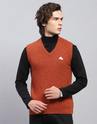 MONTE CARLO Self Design V Neck Casual Men Maroon Sweater