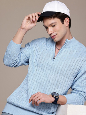 WROGN Self Design High Neck Casual Men Blue Sweater