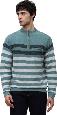 Klub Fox Striped High Neck Casual Men Light Green Sweater