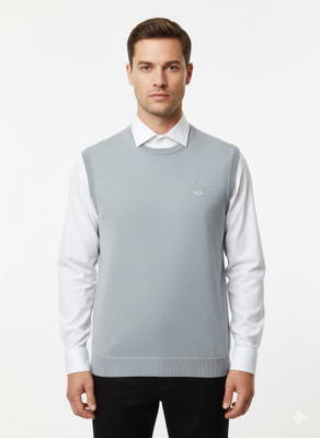 VOMAZO Solid Round Neck Formal Men Grey Sweater