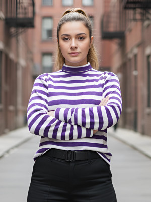 Looks United Striped, Self Design High Neck Casual Women Purple, White Sweater