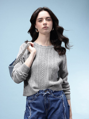 Glitchez Self Design Round Neck Casual Women Grey Sweater