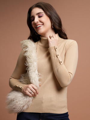 Tokyo Talkies Solid Turtle Neck Casual Women Beige Sweater