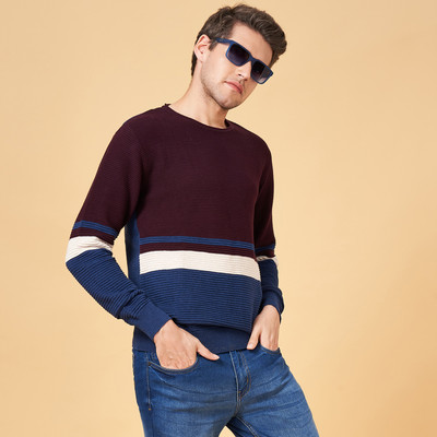 PEOPLE Woven Round Neck Casual Men Multicolor Sweater