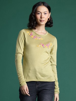 Dressberry Embroidered Round Neck Casual Women Green Sweater