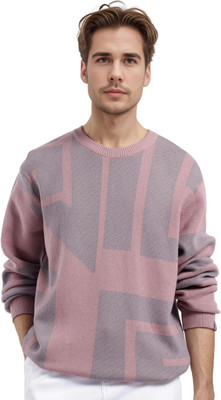 RARE RABBIT Printed Crew Neck Casual Men Pink Sweater
