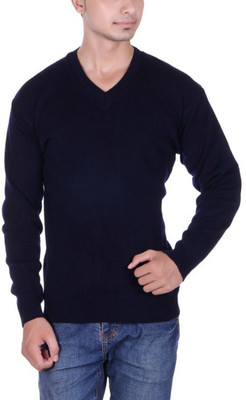 Super Weston Trend Solid V Neck Casual Men Dark Blue Sweater