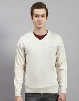 MONTE CARLO Solid V Neck Casual Men White Sweater