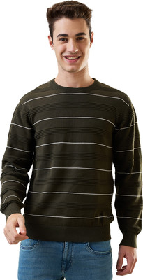 Tim Paris Striped Crew Neck Casual Men Green Sweater