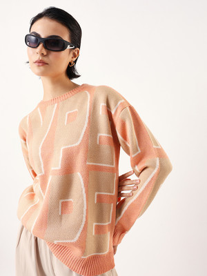 Hubberholme Self Design Round Neck Casual Women Pink Sweater