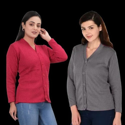 LUXURIOUS DESIGN Self Design V Neck Casual Women Grey, Maroon Sweater