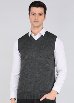 PETER ENGLAND Solid V Neck Casual Men Black Sweater