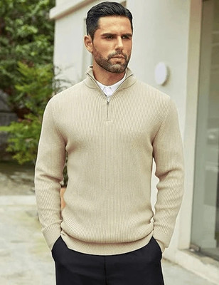 hifzaa Solid Collared Neck Casual Men Beige Sweater